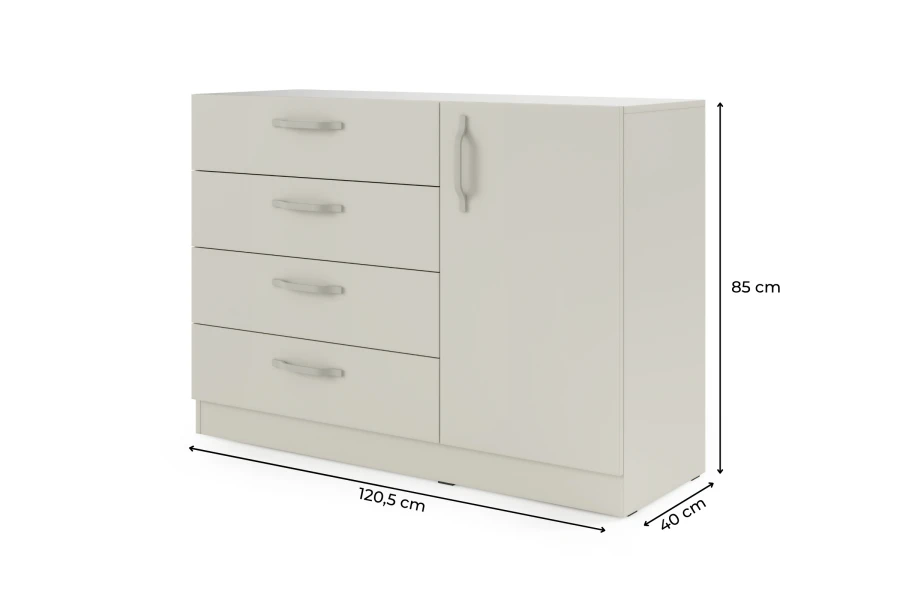 Moderne beige Kommode mit 4 Schubladen und 1 Tür, Maße: 120,5x85x40 cm, schlichtes Design.