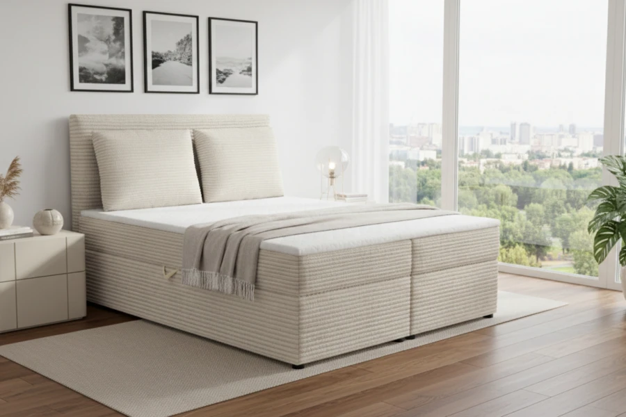 Modernes Boxspringbett in Beige mit Cord-Bezug im hellen Schlafzimmer.