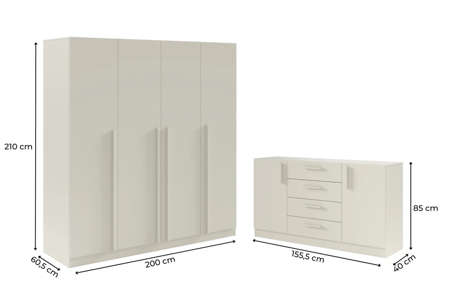 Beige Schlafzimmermöbel Set bestehend aus Kleiderschrank und Kommode mit detaillierten Maßangaben.