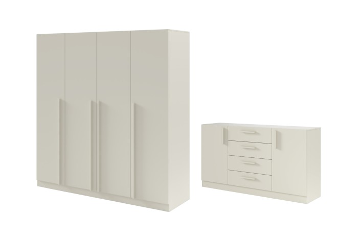 Beiges Möbelset für das Schlafzimmer mit viertürigem Kleiderschrank und breiter Kommode vor weißem Hintergrund.