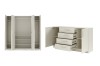 Beiger Kleiderschrank und Kommode geöffnet, moderne Schlafzimmermöbel mit Stauraum.