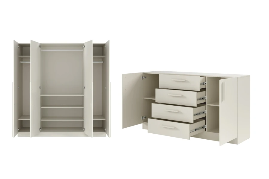 Beiger Kleiderschrank und Kommode geöffnet, moderne Schlafzimmermöbel mit Stauraum.