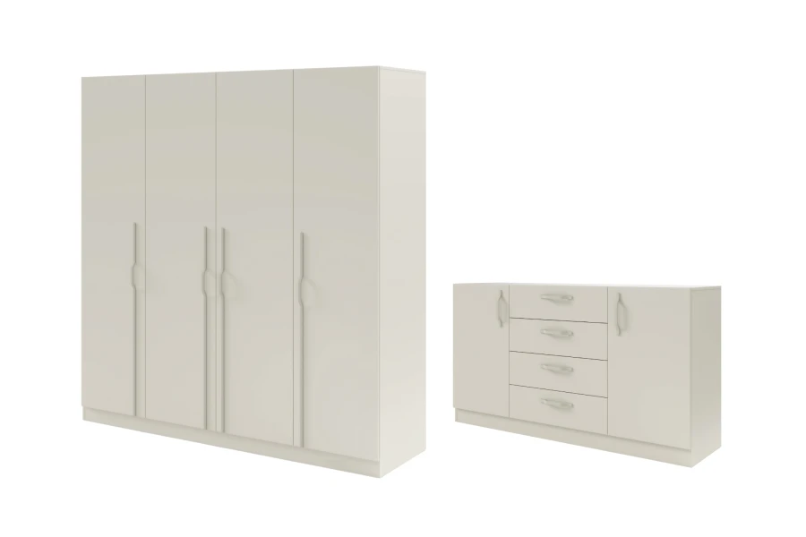 Elegantes Schlafzimmer-Möbelset in Beige: 4-türiger Schrank und breite Kommode.