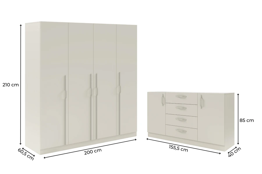 Technische Zeichnung mit Maßen für beigen Kleiderschrank und passendes Sideboard.