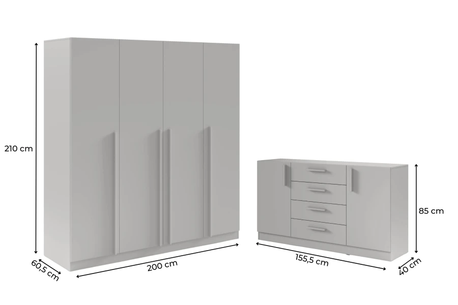 Maße für grauen Kleiderschrank (200cm) und Sideboard (155,5cm) im Überblick.