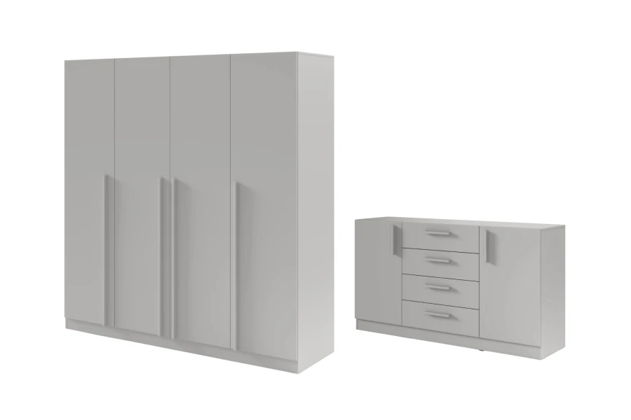 Stilvolles Schlafzimmermöbel-Set in Grau: 4-türiger Kleiderschrank und breite Kommode.