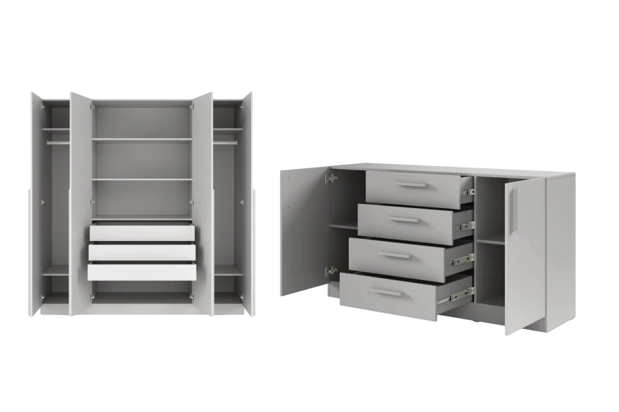 Stauraum-Details: Geöffneter grauer Kleiderschrank und Sideboard mit Schubladen.