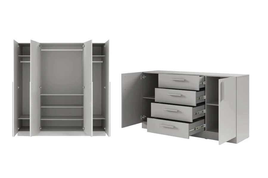 Offener grauer Kleiderschrank und Sideboard mit Fächern und Schubladen für viel Stauraum.
