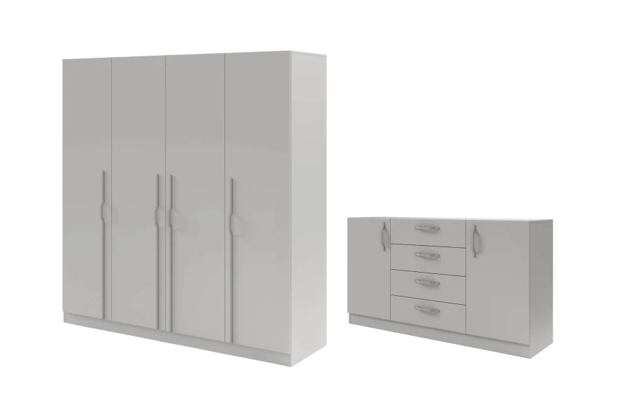 Modernes, geschlossenes Schlafzimmermöbel-Set in Grau mit 4-türigem Schrank und Sideboard.