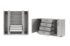 Grauer Kleiderschrank mit Innenschubladen und offenes Sideboard mit praktischen Auszügen.