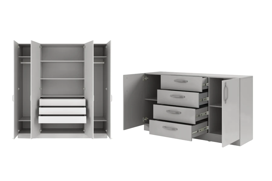 Grauer Kleiderschrank mit Innenschubladen und offenes Sideboard mit praktischen Auszügen.
