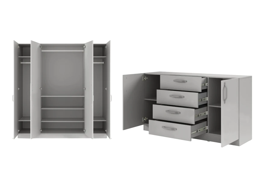 Innenaufteilung des grauen Schlafzimmer-Sets: Offener Schrank und Sideboard zur Aufbewahrung.