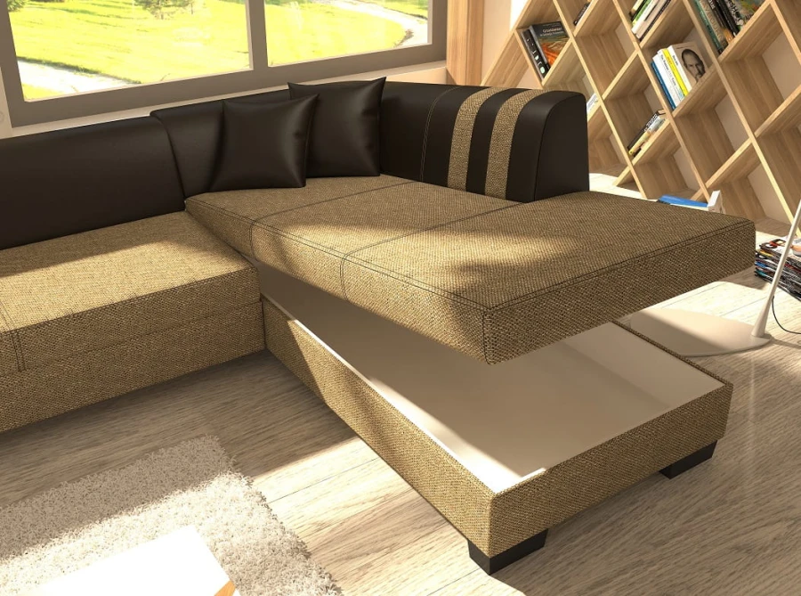 Detailansicht eines Ecksofas mit praktischem, offenem Bettkasten für zusätzlichen Stauraum.