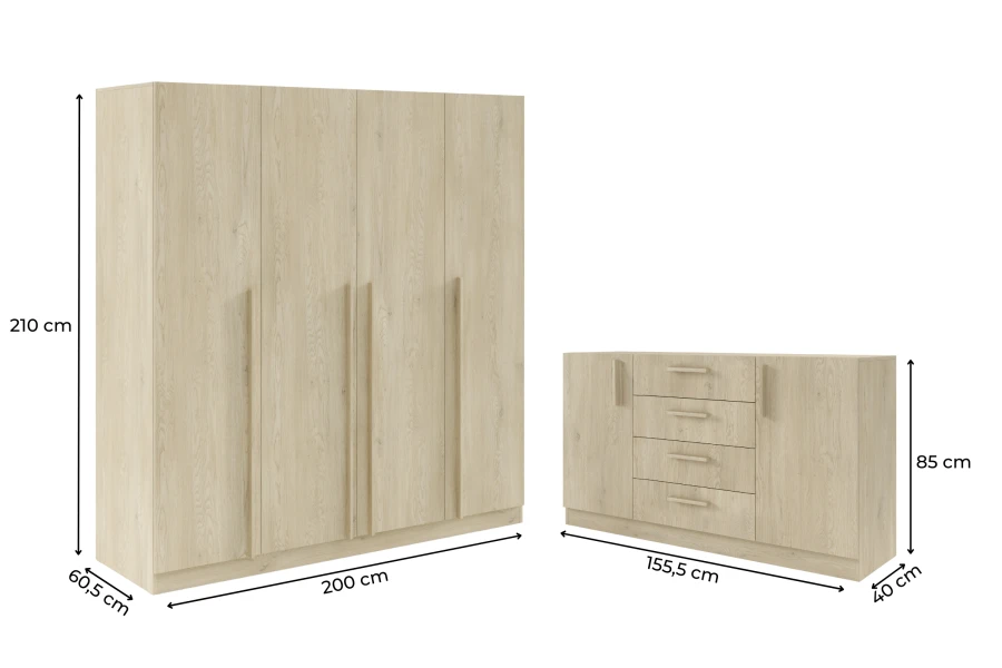 Kleiderschrank und Sideboard in Eiche-Optik mit Maßangaben für das Schlafzimmer.