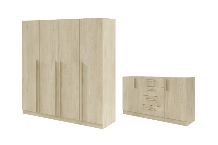 Set aus Kleiderschrank und Sideboard in hellem Eiche-Dekor für Schlafzimmer.