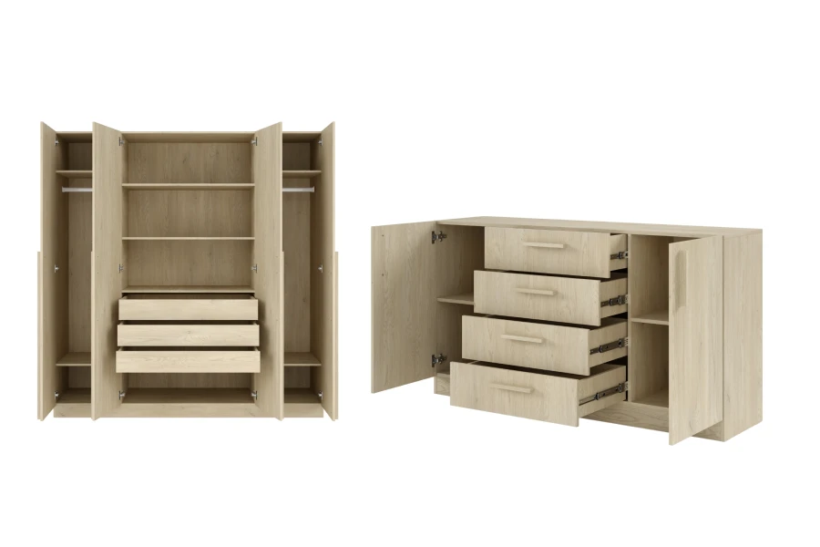 Geöffneter Kleiderschrank mit Schubladen und Sideboard mit viel Stauraum.
