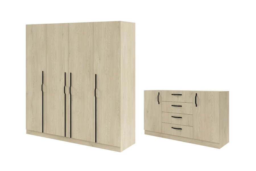 Schlafzimmermöbel-Set in Eiche-Optik mit modernen schwarzen Metallgriffen.