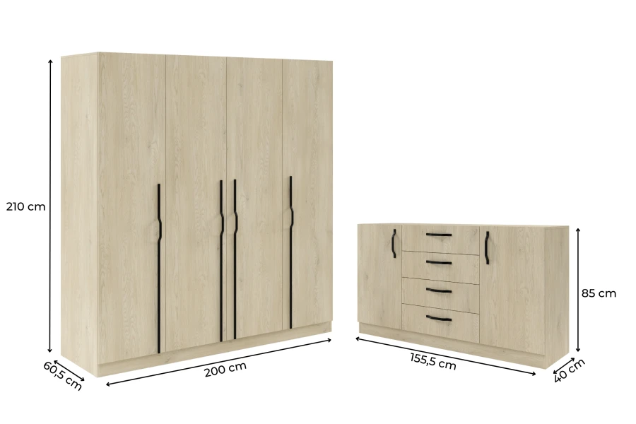 Maße von Kleiderschrank und Sideboard in Eiche-Optik mit schwarzen Griffen