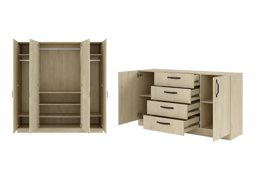 Innenansicht Schlafzimmerschrank und Kommode mit Regalen und Schubladen