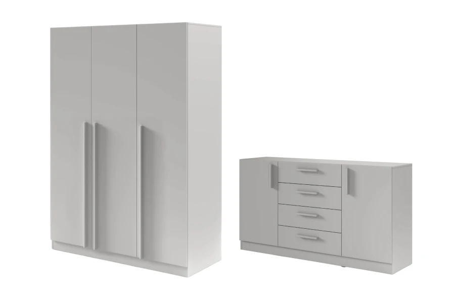 Modernes Möbelset in Platingrau: Dreitüriger Kleiderschrank und passende Kommode fürs Schlafzimmer.