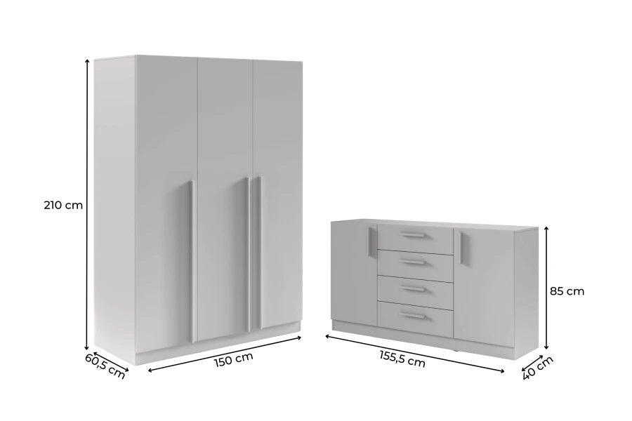 Abmessungen von grauem Kleiderschrank und Kommode: Detailmaße für die Raumplanung.
