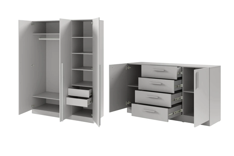 Moderner grauer Kleiderschrank und Sideboard, geöffnete Ansicht mit viel Stauraum.