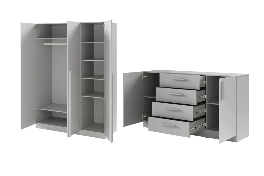 Geöffnetes Set aus Kleiderschrank und Sideboard in Grau für das Schlafzimmer.
