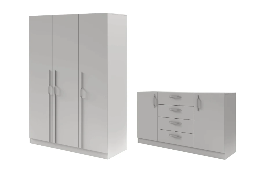 Geschlossener 3-türiger Kleiderschrank und Sideboard in zeitlosem Grau.