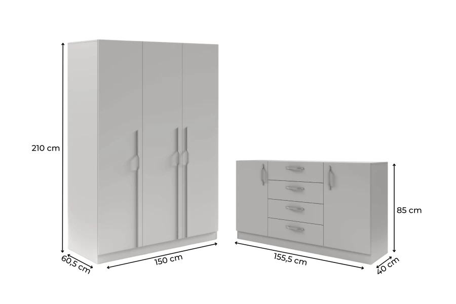 Abmessungen für grauen Kleiderschrank und Sideboard in Zentimetern.