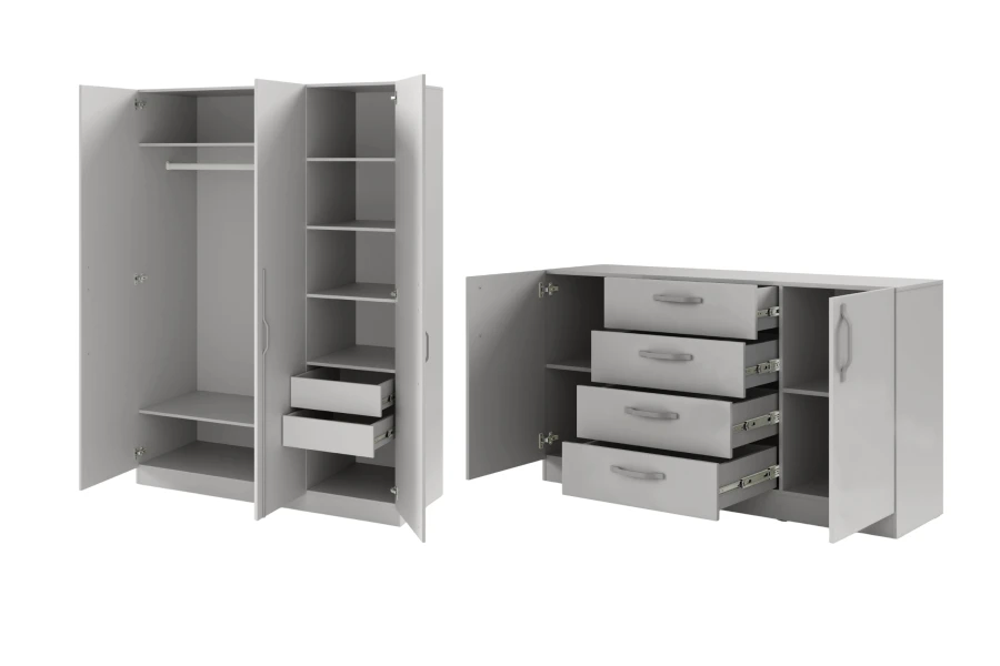 Innenansicht: Grauer Kleiderschrank und Sideboard mit Schubladen und Fächern.