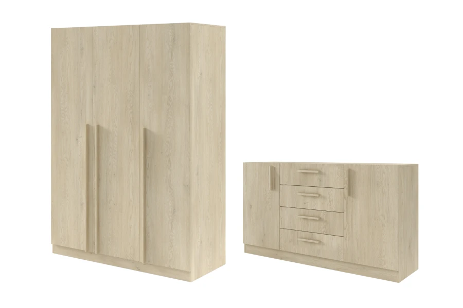 Set bestehend aus dreitürigem Kleiderschrank und Sideboard in heller Eiche Ceremona Optik.