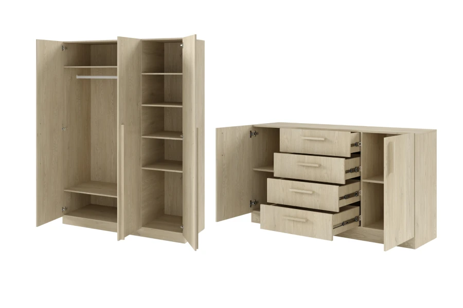 Kleiderschrank und Sideboard in Eiche-Optik, geöffnet, mit passenden hellen Holzgriffen.