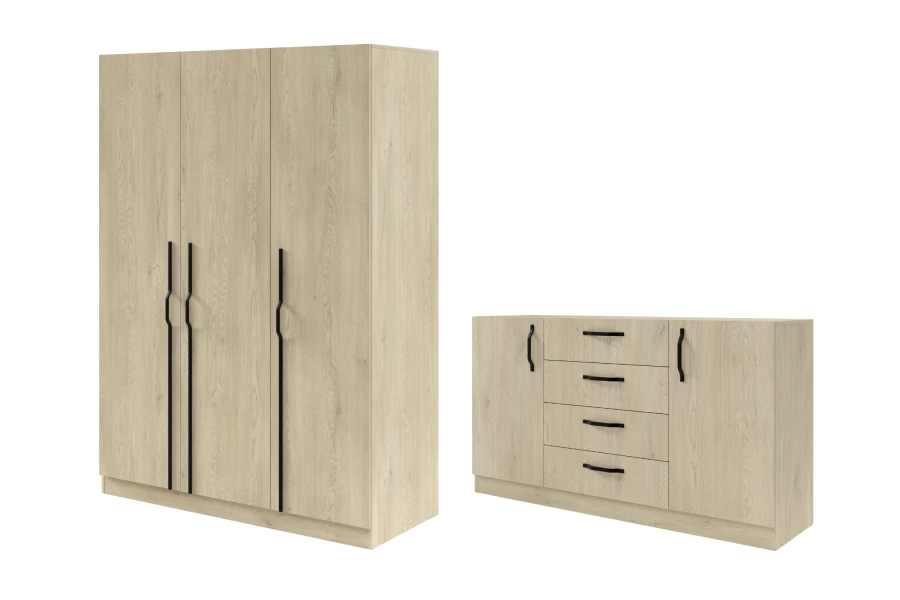 Moderner 3-türiger Kleiderschrank und Sideboard in heller Eiche mit schwarzen Metallgriffen.