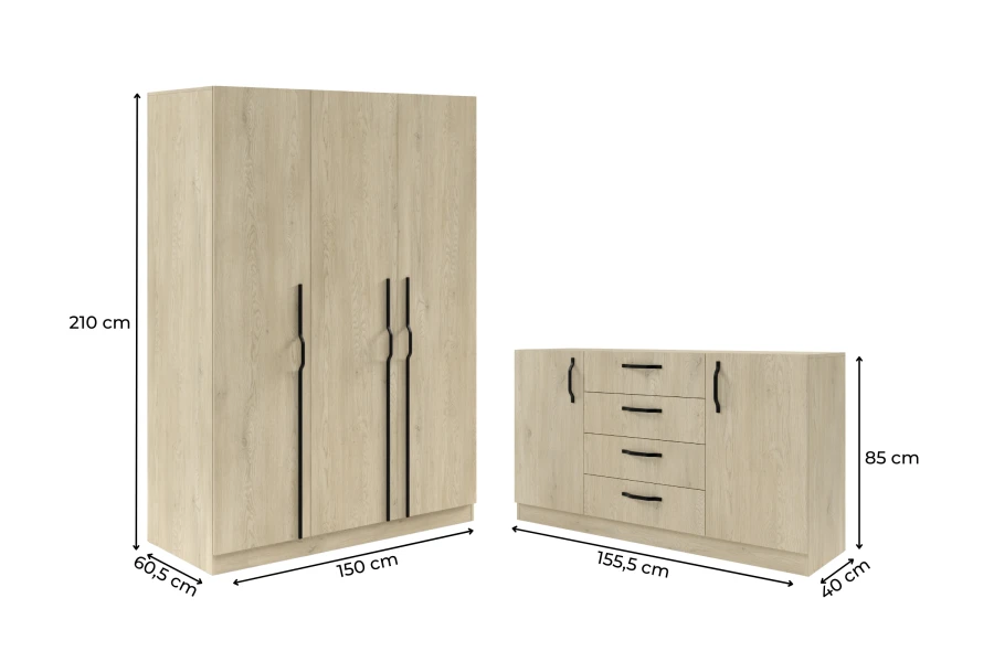 Maße für Kleiderschrank (210x150 cm) und Sideboard (85x155 cm) in Eiche-Dekor.