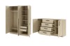 Geöffneter Kleiderschrank mit Innenschubladen und Sideboard in Eiche mit schwarzen Griffen.