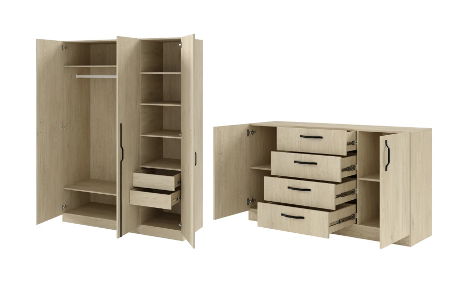 Geöffneter Kleiderschrank mit Innenschubladen und Sideboard in Eiche mit schwarzen Griffen.