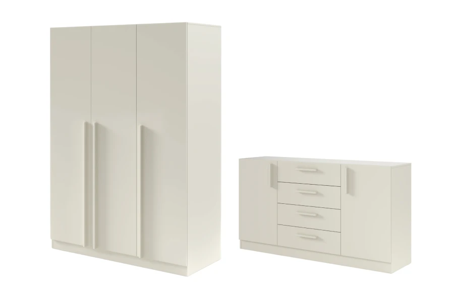 Beiges Schlafzimmerset: 3-türiger Kleiderschrank und Sideboard mit Schubladen, geradlinige Griffe.