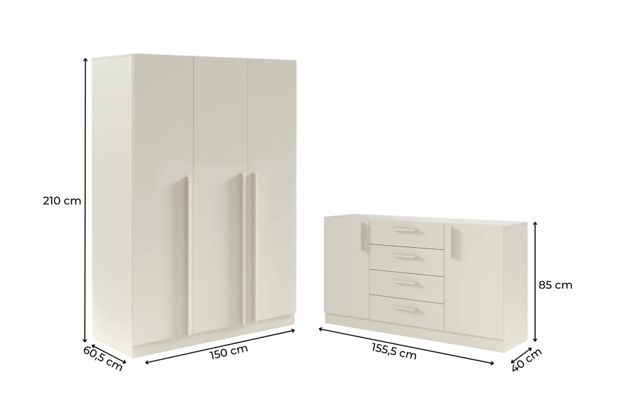 Abmessungen für beige Schlafzimmermöbel: Kleiderschrank und Sideboard mit detaillierten Maßangaben.