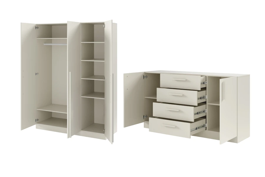 Inneneinteilung: Beiger Kleiderschrank mit Kleiderstange und Regalen sowie offenes Sideboard.