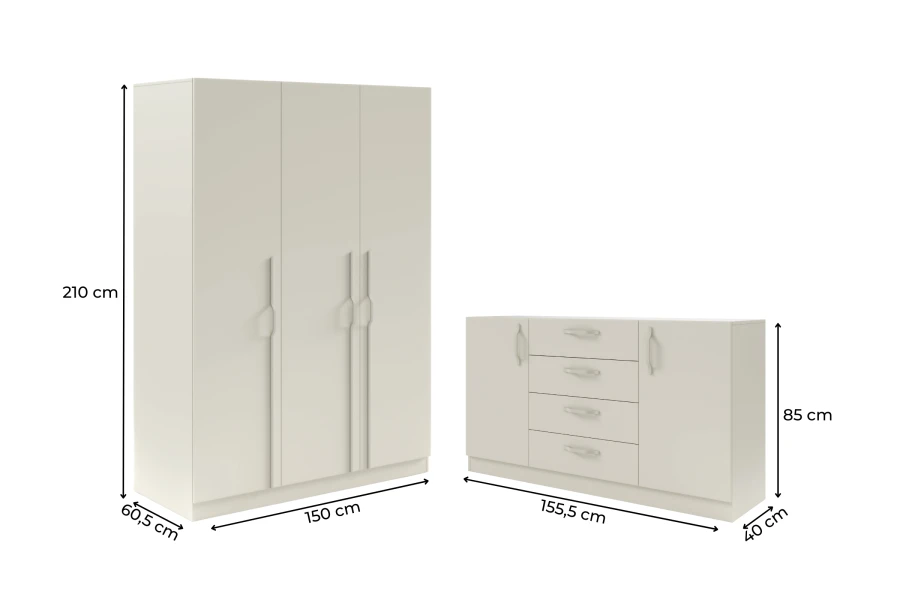 Beiger Kleiderschrank und Sideboard mit Wellengriffen und Maßen.