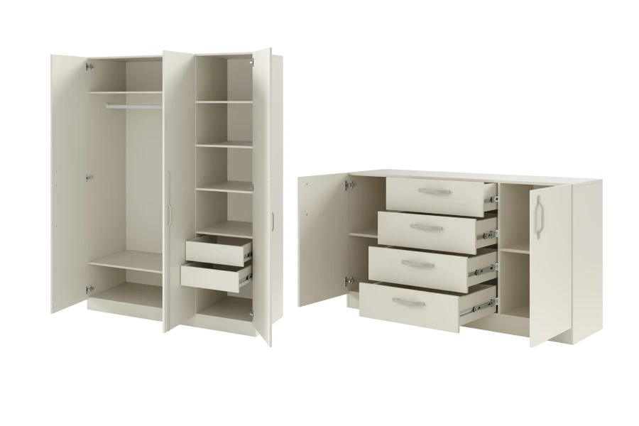 Offener beiger Kleiderschrank mit Innenschubladen und Kommode.