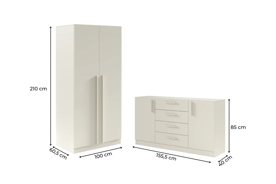 Maßangaben für den Brisso Kleiderschrank (100cm) und das Sideboard (155,5cm) in Kaschmir.