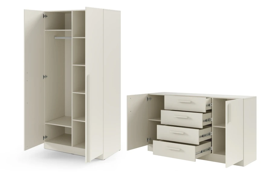 Geöffneter Brisso Kleiderschrank und Kommode mit Details zur Innenausstattung und Stauraum.