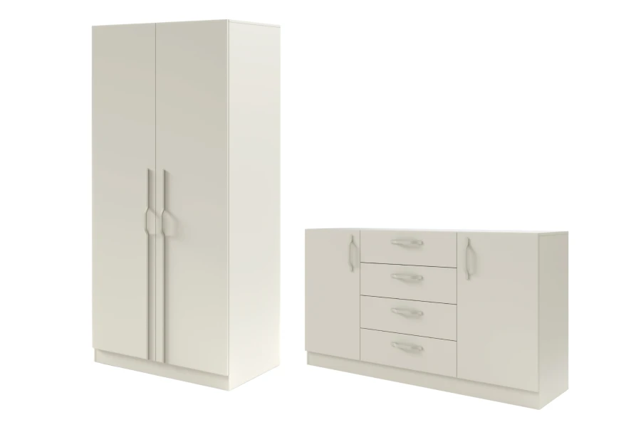 Modernes Möbelset in Beige mit zweitürigem Kleiderschrank und Sideboard.