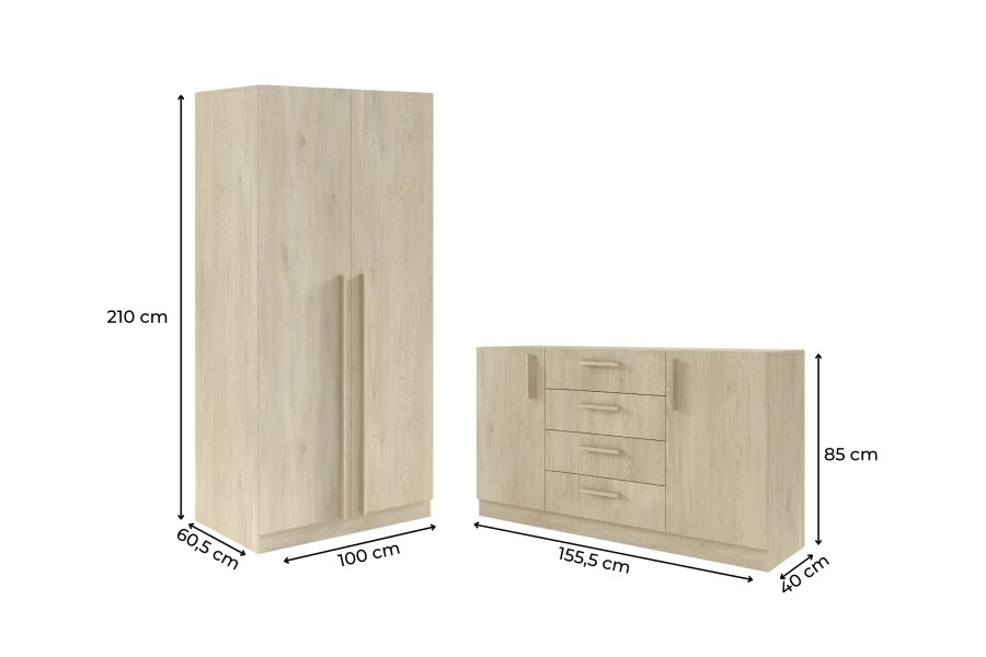 Technische Zeichnung mit Maßen für Kleiderschrank und Sideboard in Eiche Ceremonia Optik.