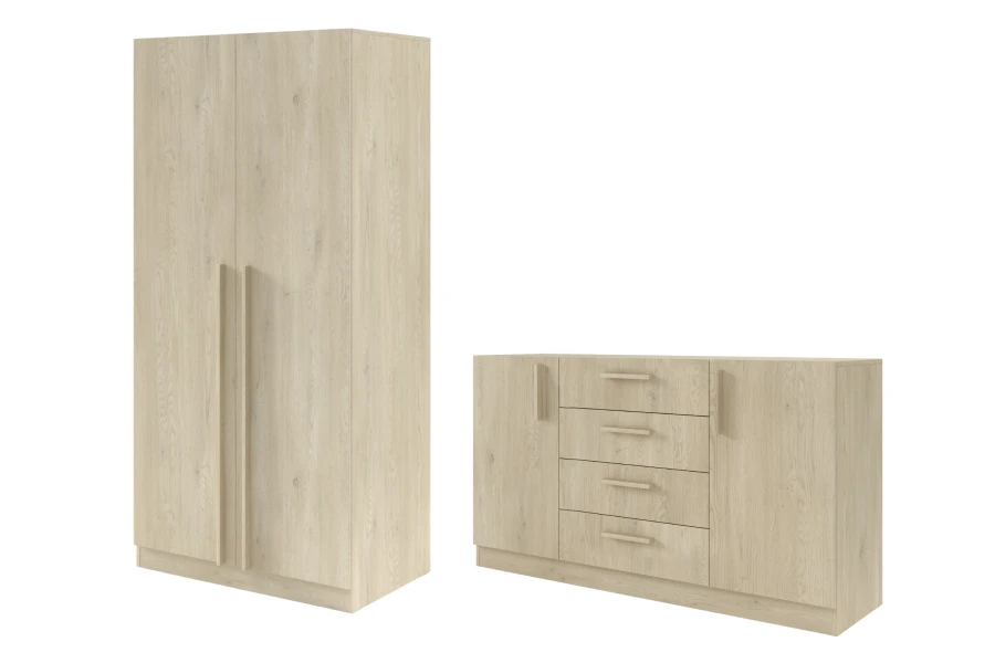 Set aus Kleiderschrank und Sideboard in Eiche hell Optik mit geschlossenen Fronten.