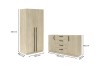 Skizze mit Maßen für Kleiderschrank und Sideboard in heller Eiche mit schwarzen Griffen.