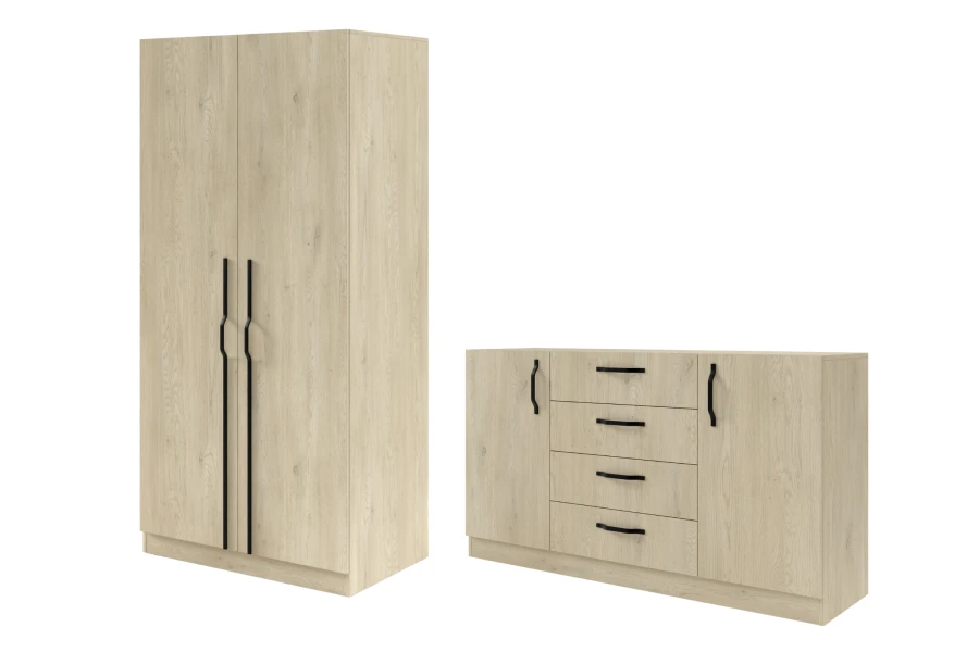 Moderner Kleiderschrank und Sideboard in heller Eiche mit eleganten schwarzen Griffen.