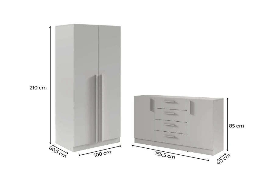 Maßangaben für Kleiderschrank und Sideboard in Platingrau aus der Serie Brisso.