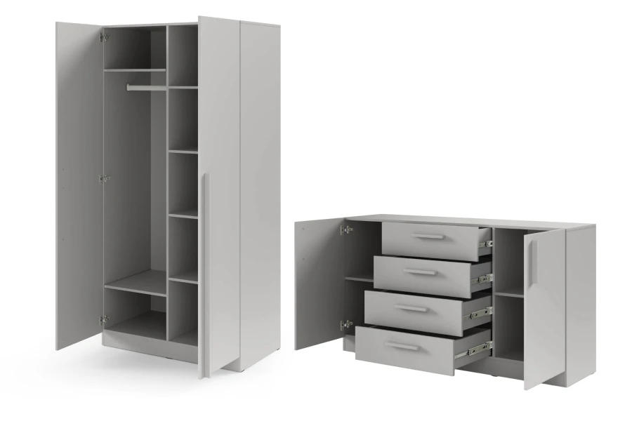Offene Ansicht: Kleiderschrank und Kommode in Platingrau mit Fachböden und Schubladen.